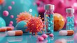 © saichon - Close-up of cancer cell next to drug capsule, detailed test tube and treatment formula, vibrant colors, advanced medical research, 3D model, flat design