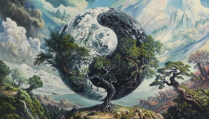 Wall Mural - a painting of a tree with a large, round object in the middle by ai generated image
