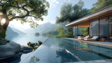 Wall Mural - An organic shaped infinity pool overlooking a lake in a resort. Generative AI.