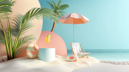 3d deck chair with palm tree, umbrella and cocktail on the white sand on seaside