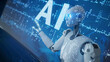 © Sergio - a humanoid robot in white with blue elements pointing at the words 'AI”
