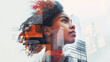 © GulArt - Double exposure photo collage with a business woman and skyscraper buildings with colorful graphic elements