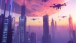 © Kalsoom - A futuristic cityscape at dawn, where neon lights reflect off sleek skyscrapers amidst hovering drones. 32k, full ultra HD, high resolution