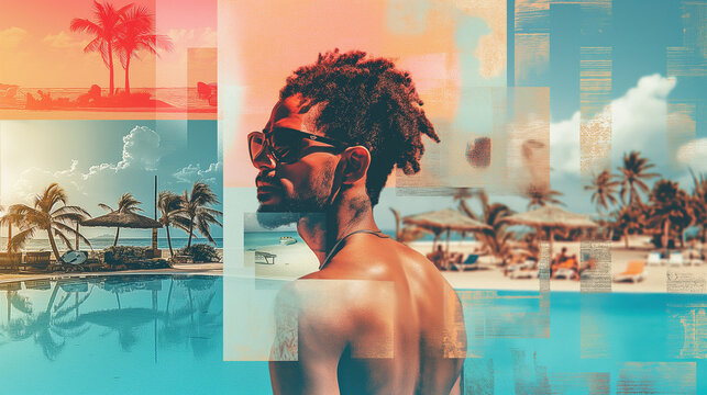 Photo collage art of a stylish African American man in sunglasses and tropical landscapes with colorful graphic elements