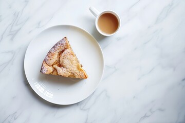 Poster - peach coffee cake on a white plate, on a white marble table