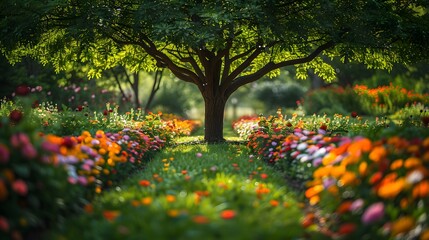 Wall Mural - A green tree with vibrant foliage in a botanical garden, with colorful flowers and plants surrounding it, creating a lush and vibrant oasis. List of Art Media Photograph inspired by Spring magazine