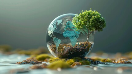 Leinwandbilder - Globe Concept. World environment and earth day concept with glass globe and eco friendly environment, care, nature, concept, earth, eco, ecology, globe, global, environment. Generative AI.