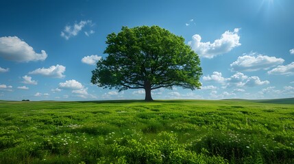 a lone tree standing in a field of green grass, with a blue sky and fluffy white clouds in the backg