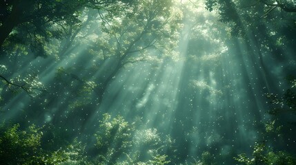 Wall Mural - A dense green forest with sunlight streaming through the canopy, creating dappled patterns of light and shadow on the forest floor. List of Art Media Photograph inspired by Spring magazine