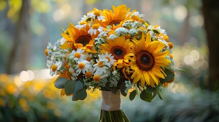 Wall Mural - A sunflower-themed wedding bouquet, with bright yellow blooms accented by greenery and tied with a delicate ribbon. List of Art Media Photograph inspired by Spring magazine