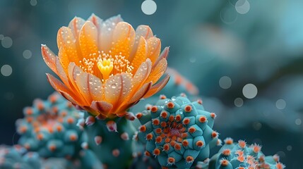 Wall Mural - Close-up of a vibrant cactus flower blooming against the spiky green foliage, showcasing the beauty and resilience of desert flora. List of Art Media Photograph inspired by Spring magazine