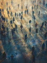 Wall Mural - view of a crowd with a network of connections. big data, smart city, wifi concept.