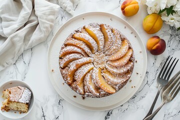 Sticker - nectarine coffee cake on a white plate, on a white marble table, fall, autumn vibe