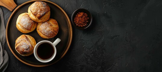 Sticker - Breakfast with Scones An overhead view of a breakfast spread featuring classic scones, buns, and a cup of coffee on a black background. 