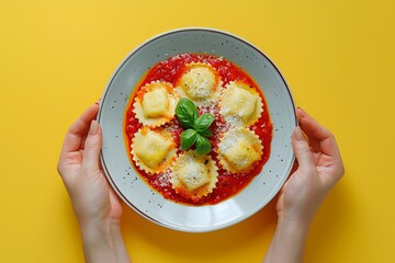Wall Mural - Female hands holding a decorative plate with spinach and ricotta ravioli, topped with a light tomato sauce and a basil sprig. Yellow background.
