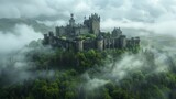 A castle perched on a hilltop with misty clouds. AI generate illustration