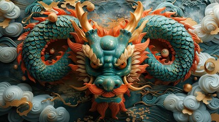 a mobile wallpaper for the new year of the chinese dragon, in the style of Chinese bronze art, detailed facial features, dark green and red, Chinese Shang art and architecture