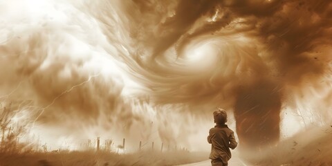 Wall Mural - Boy watches in fear as a massive tornado approaches in the rural countryside. Concept Natural Disasters, Fearful Expressions, Tornado Warning, Rural Countryside, Weather Phenomenon