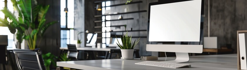 A computer desk in a modern co-working space feature a white-screen computer mockup.