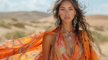 Wall Mural - Beautiful boho woman in the desert, wearing a flowing orange dress 