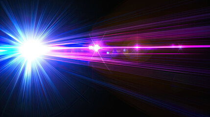 Sticker - Blue and violet beams of bright laser light shining on black background