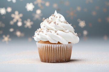 Delectable vanilla cupcake topped with creamy frosting and sprinkles, against a shimmering snowflake backdrop