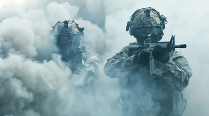 Soldiers in the midst of battle, enveloped in smoke with firearms ready.