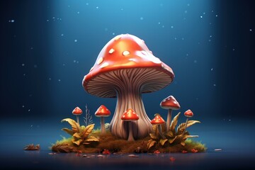 Wall Mural - Magical scene with glowing red cap mushrooms surrounded by darkness