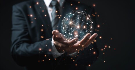 Businessman holding a virtual glowing connection sphere with network dots and lines in his hand on a dark background, representing a technology concept for global business Generative AI
