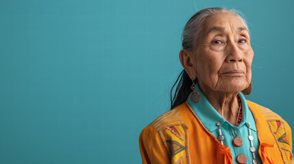 Elderly Native American Woman in Traditional Dress with Turquoise Jewelry