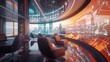 © Naeem - An executive lounge with a panoramic digital display wrapping around the room, showing an immersive business graph with animated arrows, capturing a dynamic and futuristic atmosphere,
