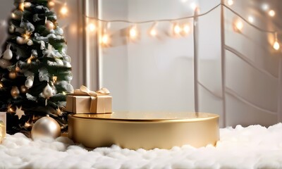 Gold podium devoid of products taking center stage amidst a christmas themed room, Ai Generated