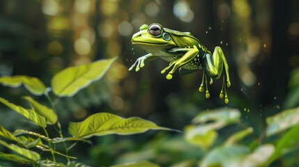 Wall Mural - Close up Exotic green frog jumping on forest background