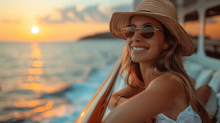 Wall Mural - beautiful woman wearing sunglasses and a hat, smiling while sitting on the deck of an elegant yacht at sunset.