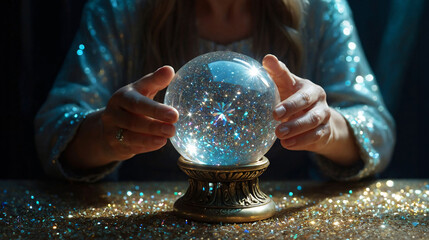 Wall Mural - Fortune teller with illuminated crystal ball or magic orb for future prediction. Horoscope, fate concept. Astrologist reading future.	