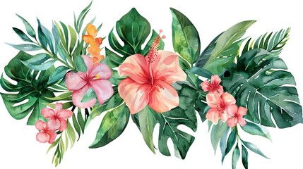 Wall Mural - Bouquets greeting or wedding card decoration, Watercolor of Tropical spring floral green leaves and flowers elements ,floral background with tropical flowers