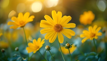 Sticker - beautiful yellow flowers in the meadow. nature background. soft focus.