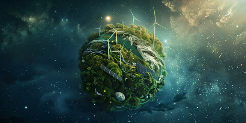 futuristic Earth with lush greenery covering the continents. Solar panels and wind turbines are strategically placed across the landscape, symbolizing a harmonious blend of technol