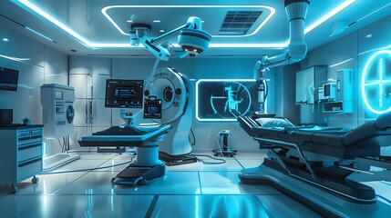 The image shows a futuristic operation room with a robot surgeon and advanced medical equipment.