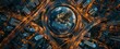 © SKIMP Art - Aerial view of Earth globe surrounded by multiple highways, traffic lights glowing at night in city centers  Concept for global business technology and digital connectivity Generative AI
