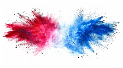 Vibrant French flag bursting with blue, white, and red holi powder on a white background, representing the celebration of France, European culture, and travel.