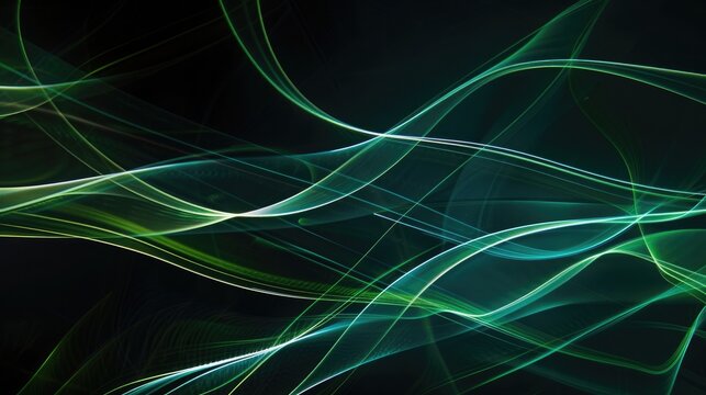 Abstract background with lines of light in green and blue colors on black, modern futuristic concept, banner design, closeup