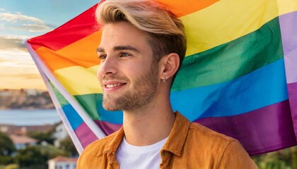 Wall Mural - attractive man smiling against lgbt flag background, queer pride month