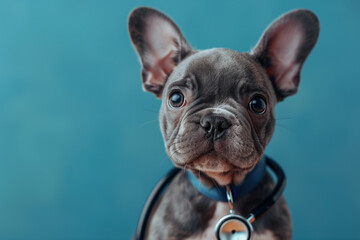 Wall Mural - Puppy dog and stethoscope isolated on blue background. Little dog on reception at veterinary doctor in vet clinic. Pet health care, animals concept, with copy space, 3d render