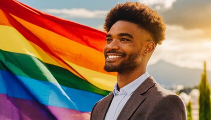 Wall Mural - attractive man smiling against lgbt flag background, queer pride month