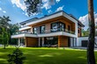 © Safdar - modern house in the middle of wood, white and dark brown walls with wooden windows, green lawn