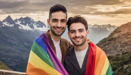 Canvas Print - attractive couple of gay men smiling against the background of the lgbt flag, queer pride month, fight for rights, against discrimination