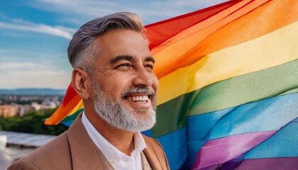 Wall Mural - attractive adult old man smiling against the background of the lgbt flag, queer pride month, fight for rights, against discrimination