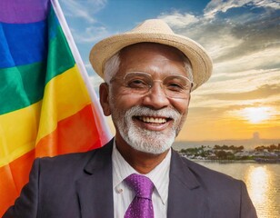 Wall Mural - attractive adult old man smiling against the background of the lgbt flag, queer pride month, fight for rights, against discrimination