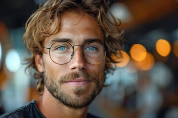 Wall Mural - A close-up of a young man with striking blue eyes and round glasses, sharp focus on features